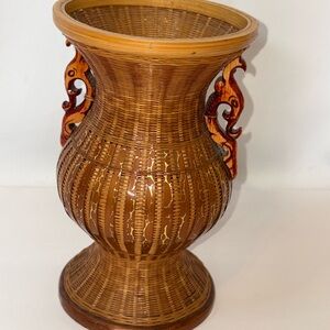 Vintage Asian Wicker Vase Cottage Core 8 inch